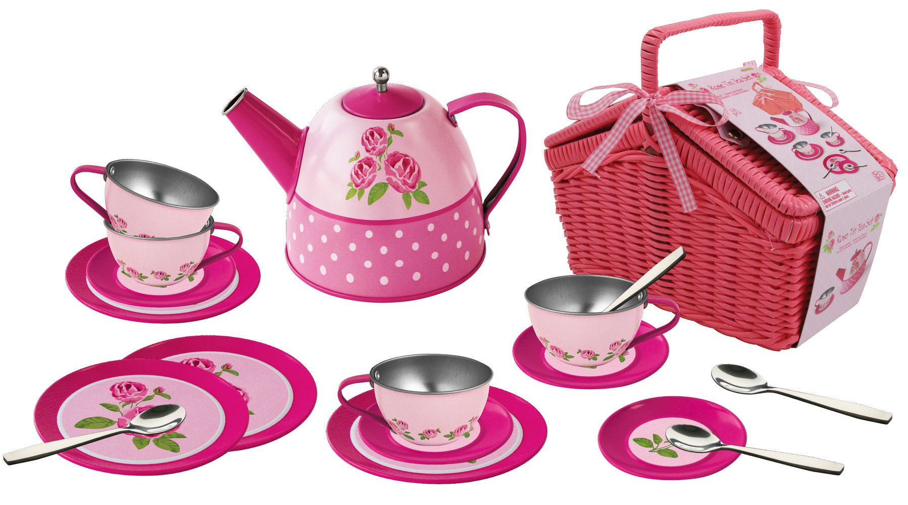 ROSE TIN TEA SET IN PICNIC BASKET 18PCS - Bamboo Sprout